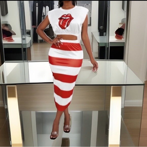 2pc Skirt Set 💋 👅 Rolling Stones Lips Crop Top Red & White Striped Long Skirt - Picture 1 of 11